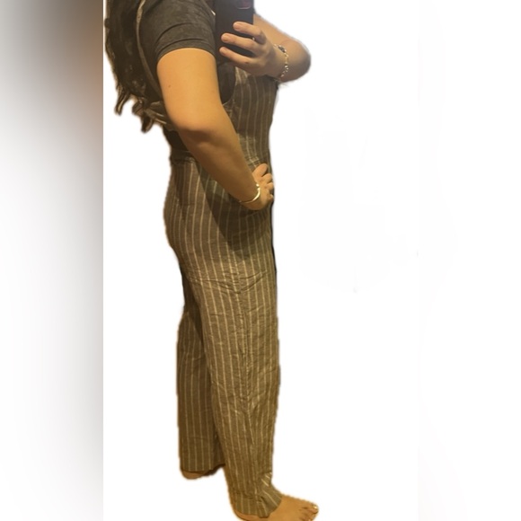 JAPNA Khaki Stripe Linen Romper Jumpsuit Boho Kawaii Bow Back Overall Pant Tie S - Picture 2 of 16